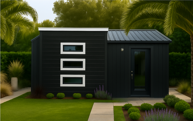 Modern black garden shed with white accents in a landscaped setting