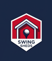 Logo of Swing Sheds with a red shed and golf ball design on a blue background