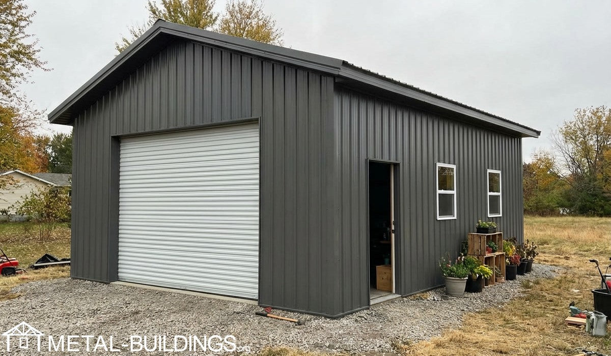 Gray metal garage with a roll-up door and open side door, surrounded by trees and a cloudy sky.