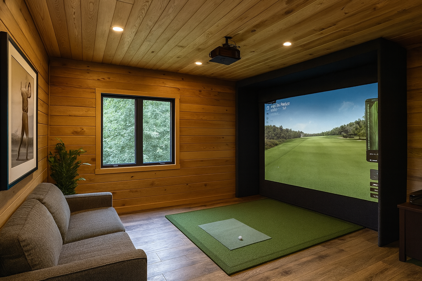 Indoor golf simulator room with multiple screens displaying golf courses.