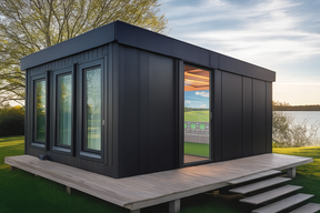 Modern black prefab cabin with glass doors and windows on a grassy area.