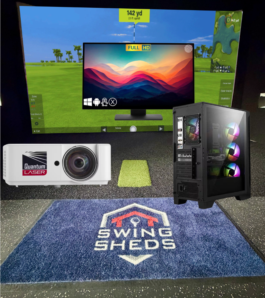 Gaming setup with monitor, projector, and computer tower on a 'Swing Sheds' branded mat.