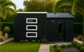 Modern black garden shed with white accents in a landscaped setting