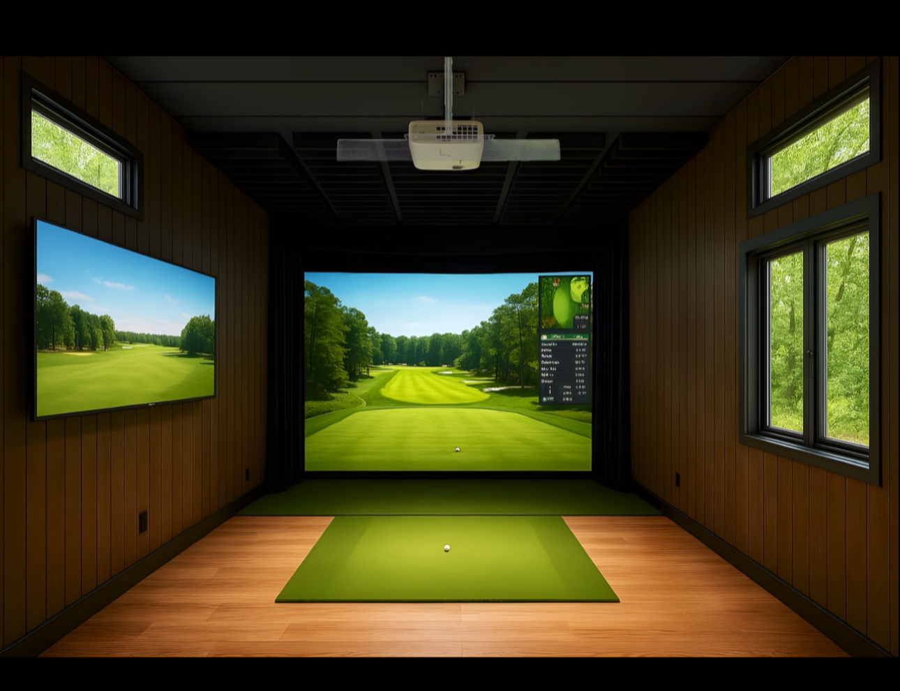 Indoor golf simulator room with multiple screens displaying golf courses.