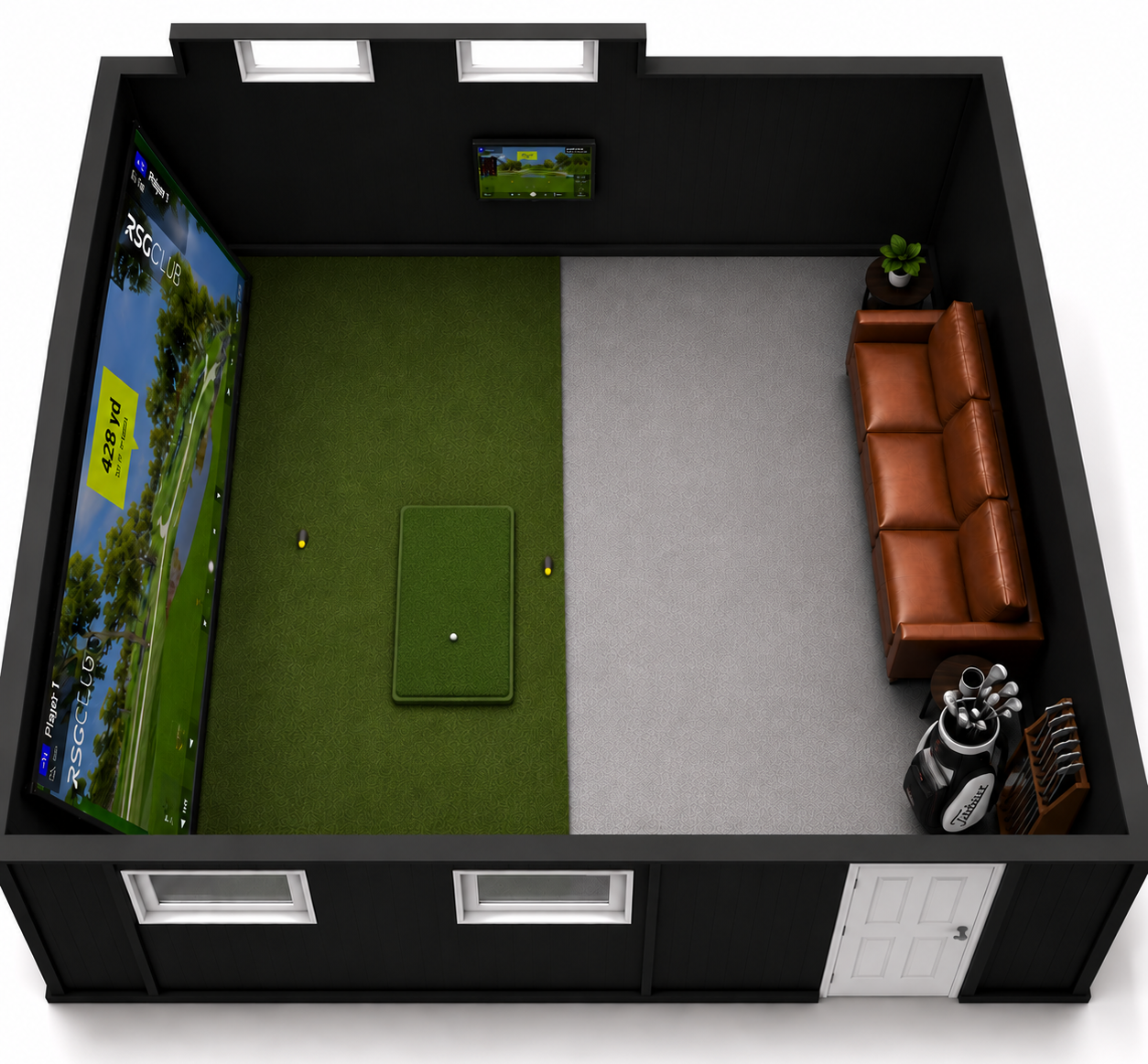 Top-down view of a room with a golf simulator setup on two screens, a brown sofa, and a golf bag.