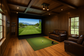 Inside of a 14x20 luxury swing shed with complete golf simulator set up